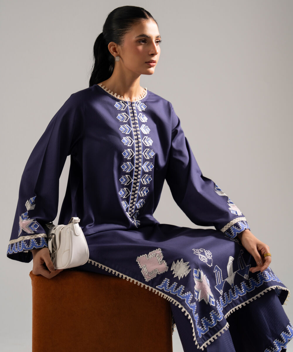 Women's RTW Dobby Embroidered Blue 2 Piece Suit
