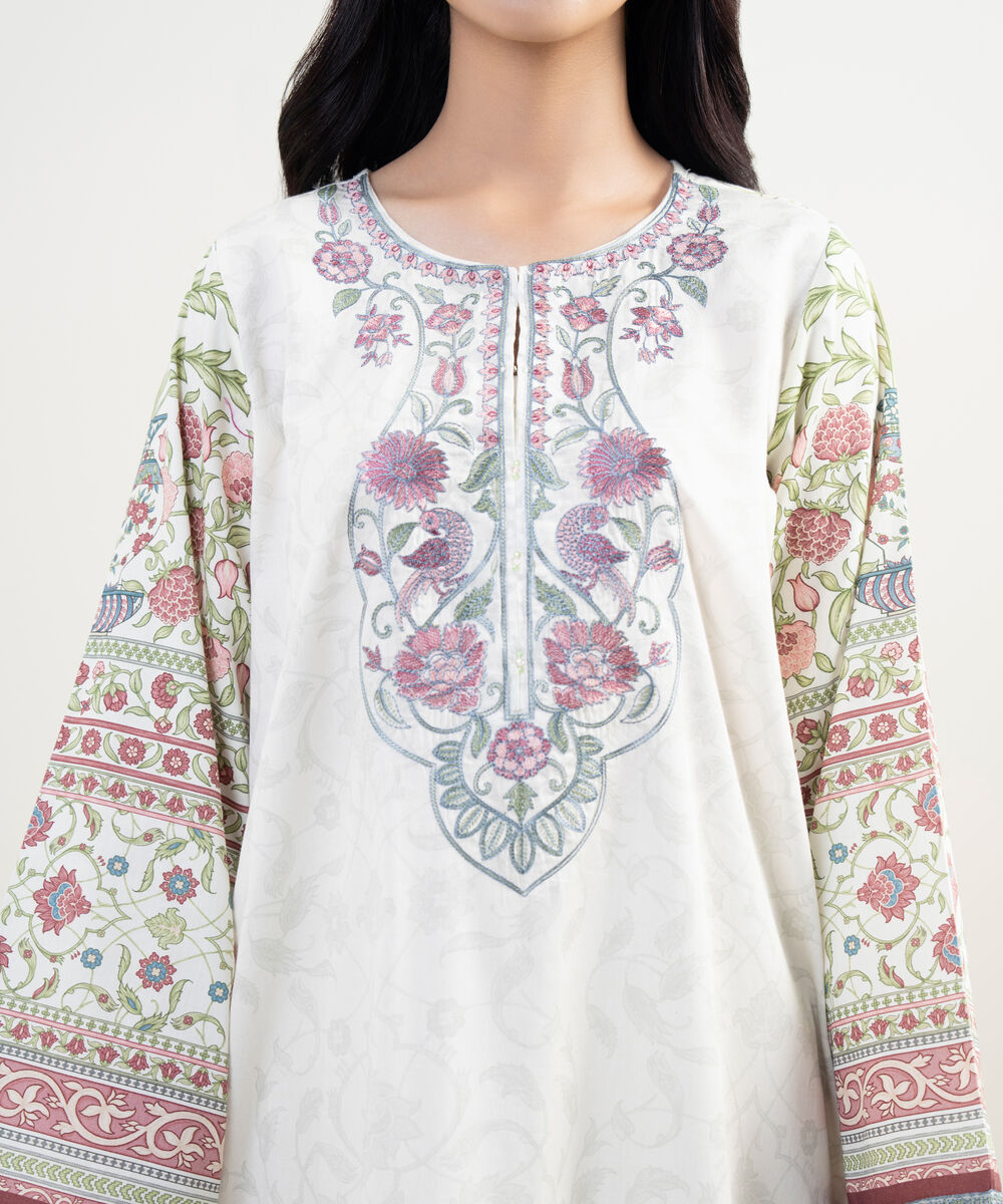 Women's RTW Cotton Satin Embroidered White A-Line Shirt