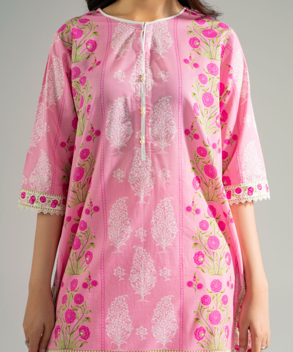 Women's RTW Slub Lawn Printed Pink Straight Shirt