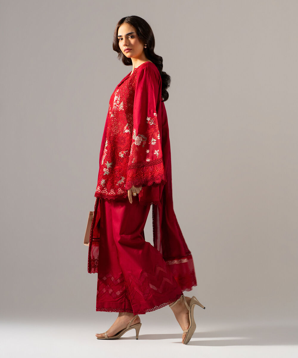 Women's RTW Self Jacquard Solid Embroidered Maroon 3 Piece Suit