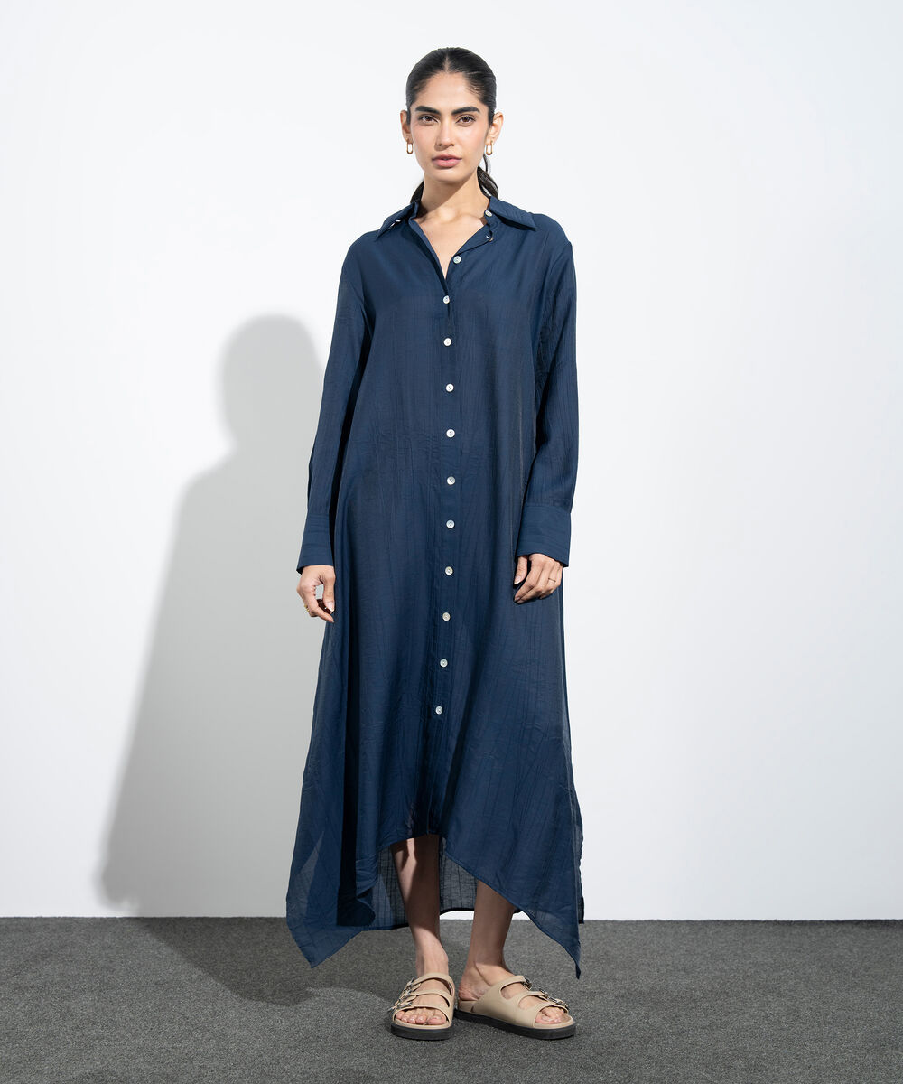 Women's Western Navy Textured Button Through Dress