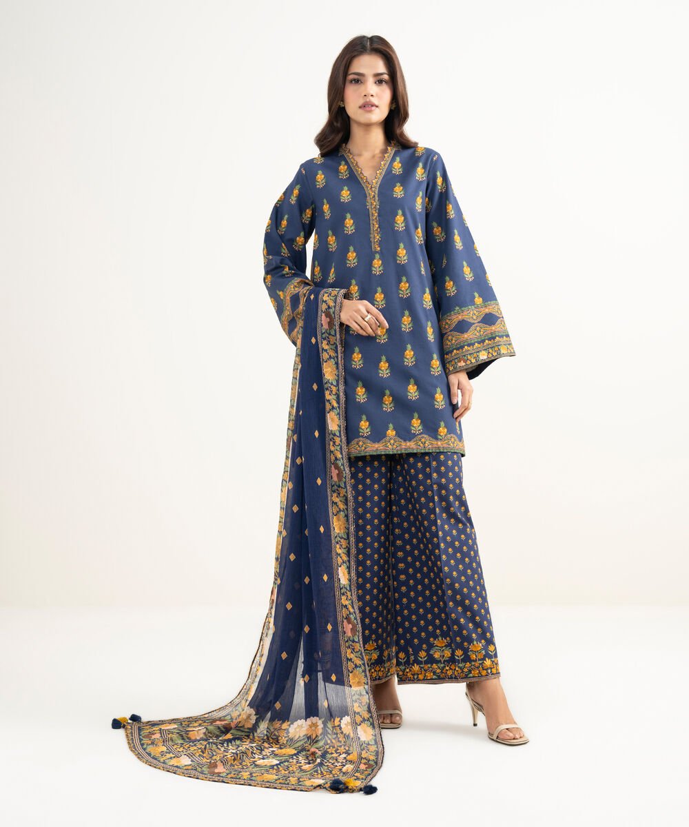 Women's Unstitched Lawn Printed Blue 3 Piece Suit