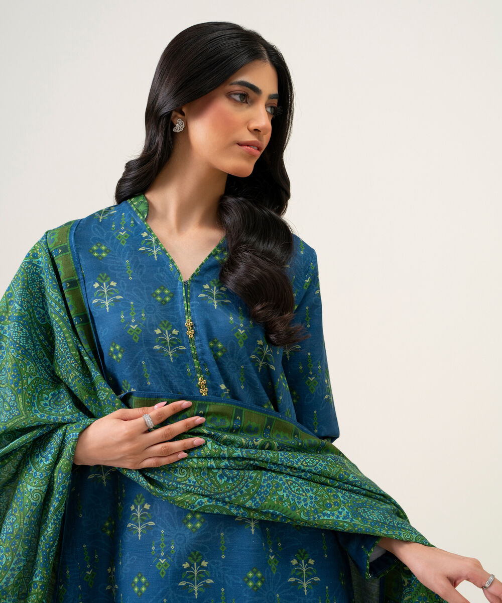 Womens Unstitched Light Khaddar Printed Teal Blue And Green 3 Piece Suit