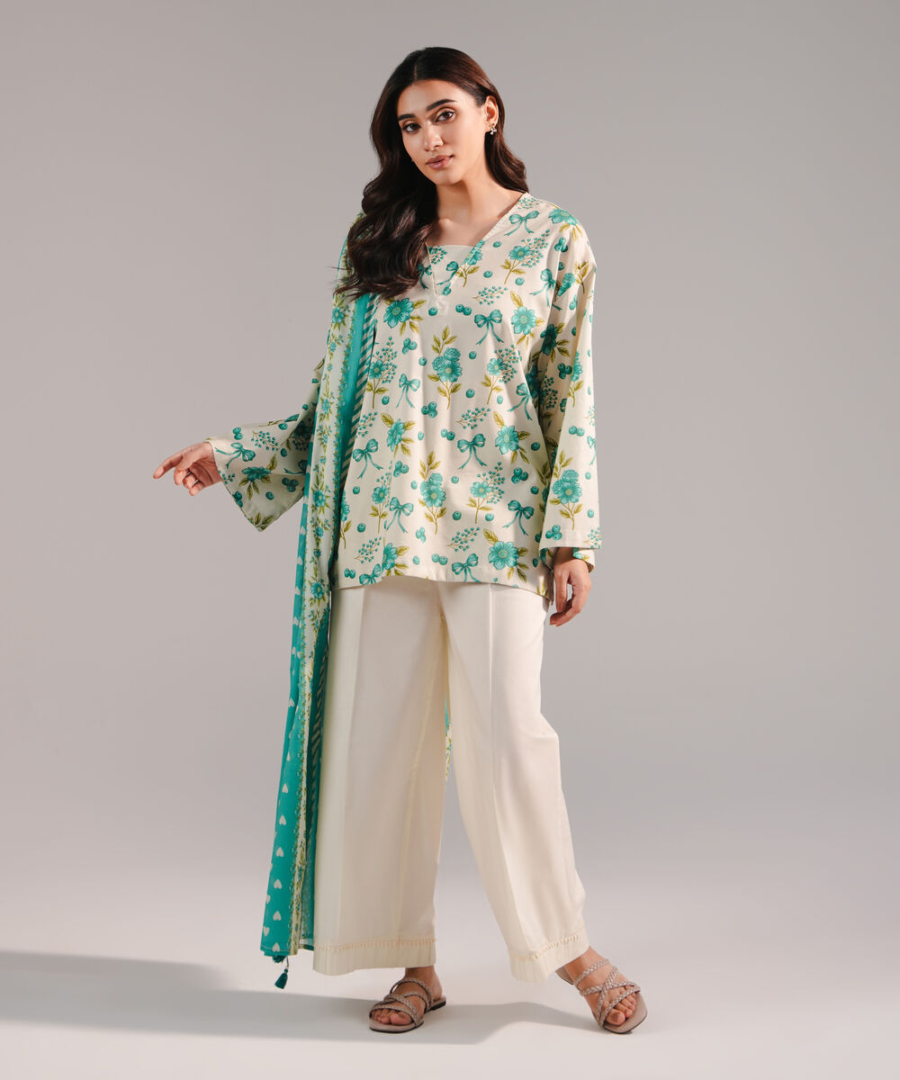 Women's RTW Cotton Viscose Printed Grey 2 Piece Suit