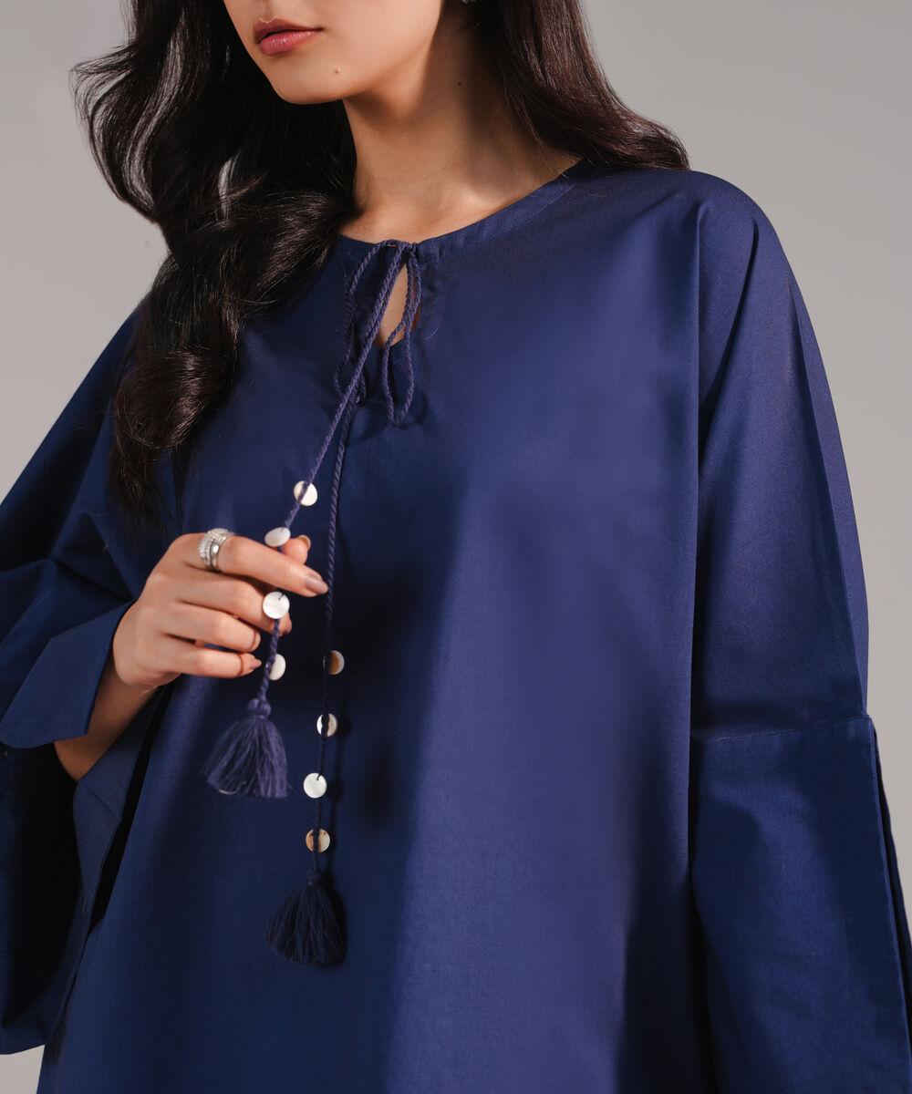 Women's RTW Crosshatch Solid Dark Blue Drop Shoulder Shirt