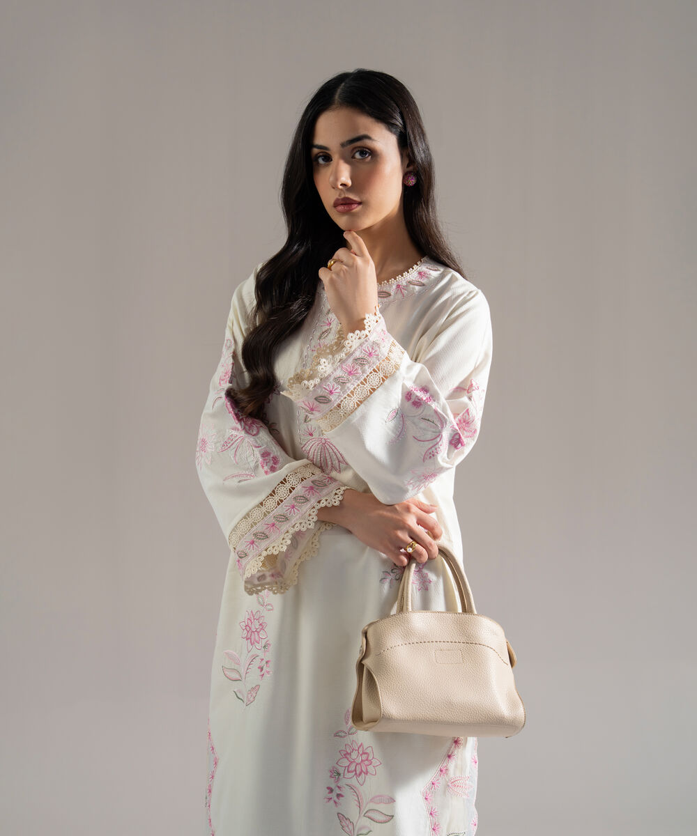 Women's RTW Dobby Solid Embroidered Off White Straight Shirt