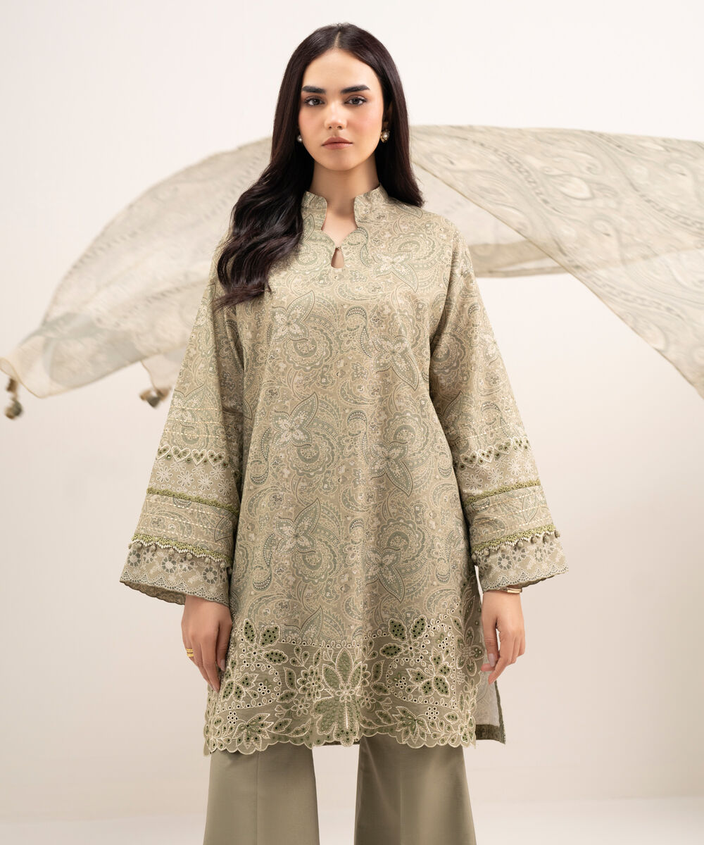 Women's Unstitched Zari Lawn Embroidered Beige 3 Piece Suit