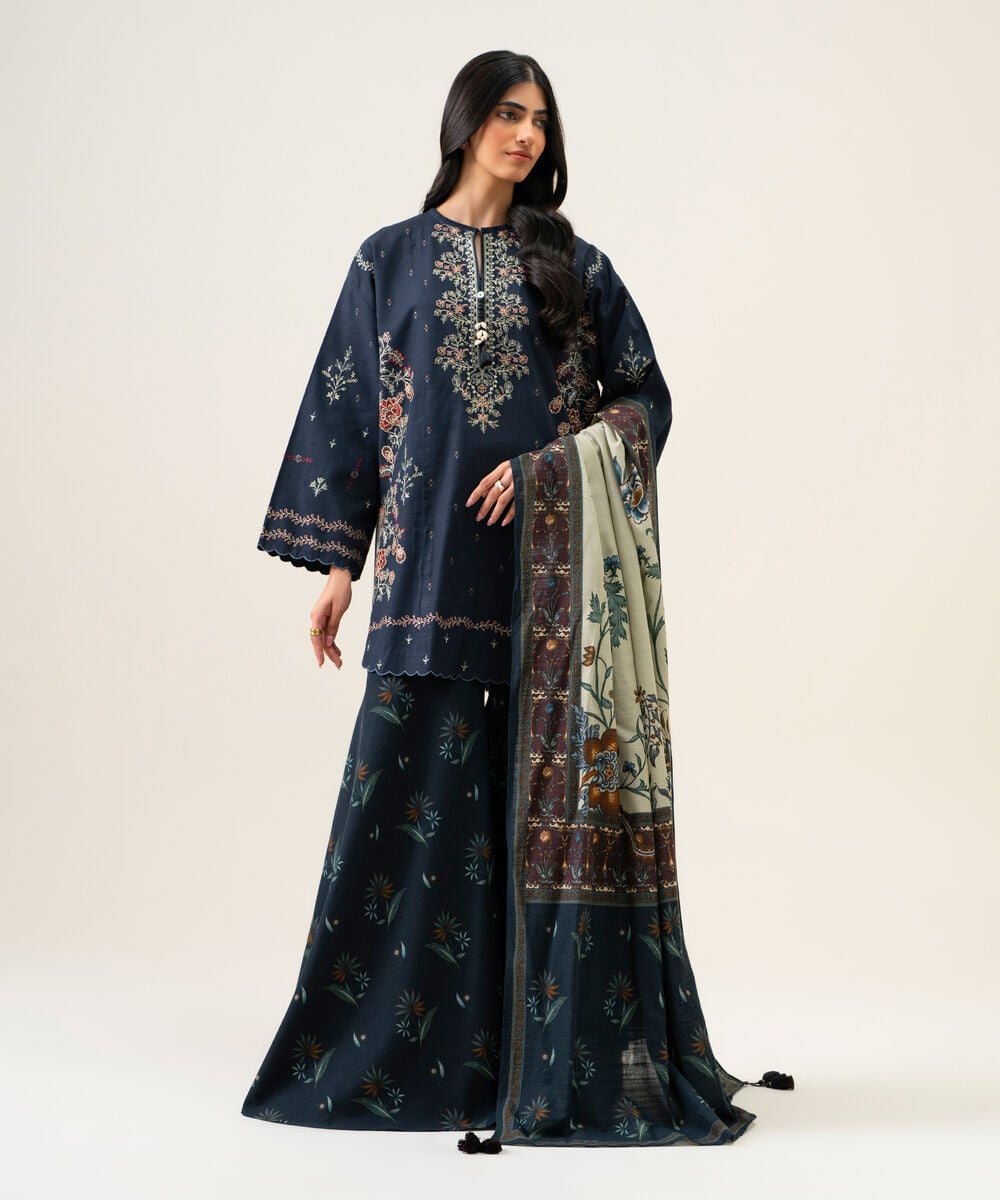 Womens Unstitched Light Khaddar Embroidered Navy Blue And Off White 3 Piece Suit
