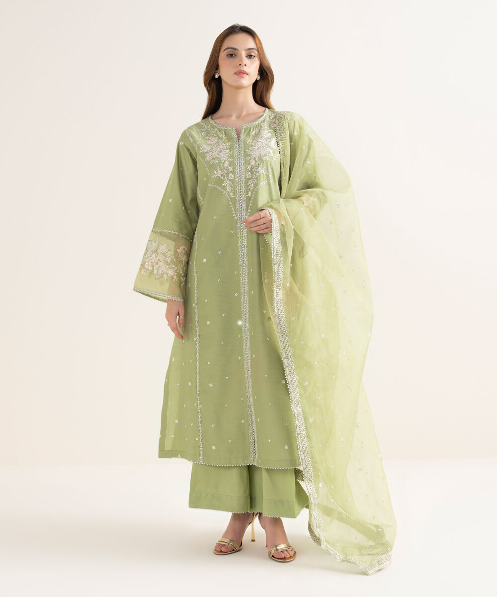 Women's RTW Blended Silk Cotton Net Embroidered Green Three Piece Suit