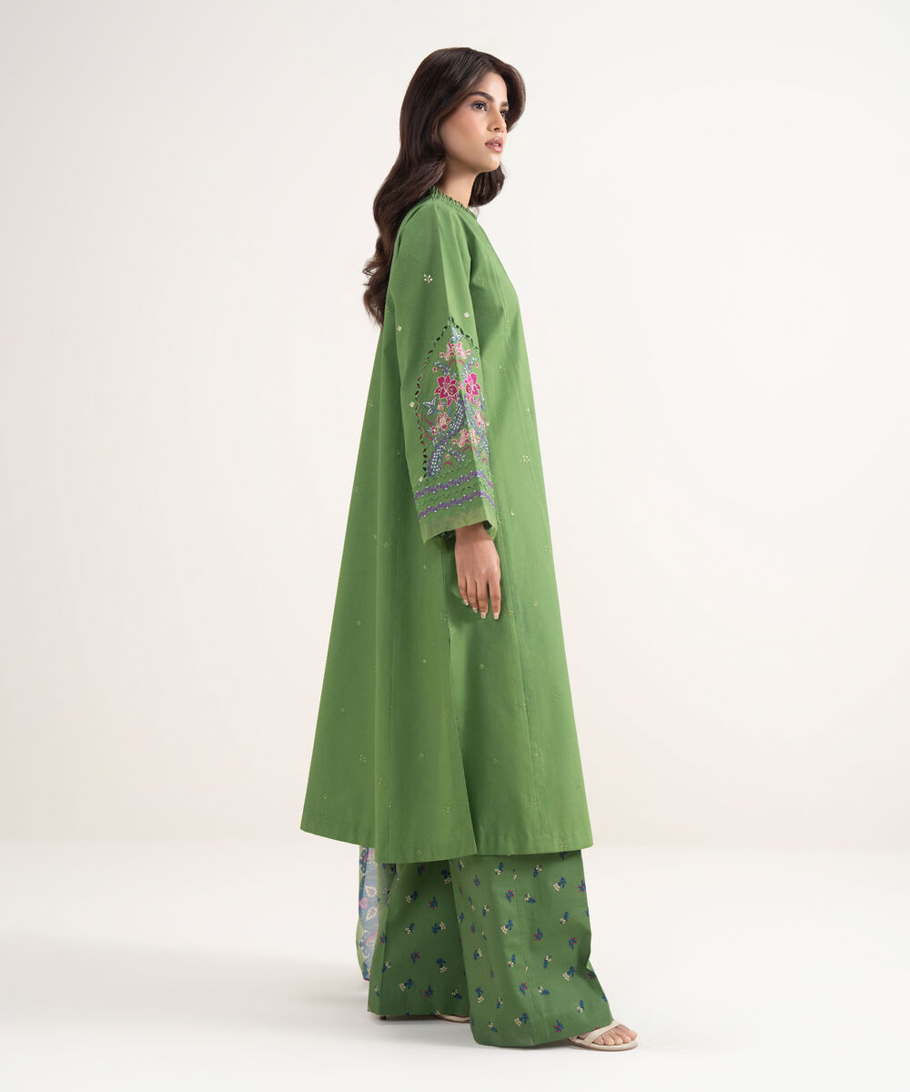 Women's Unstitched Textured Lawn Green Embroidered 3 Piece Suit