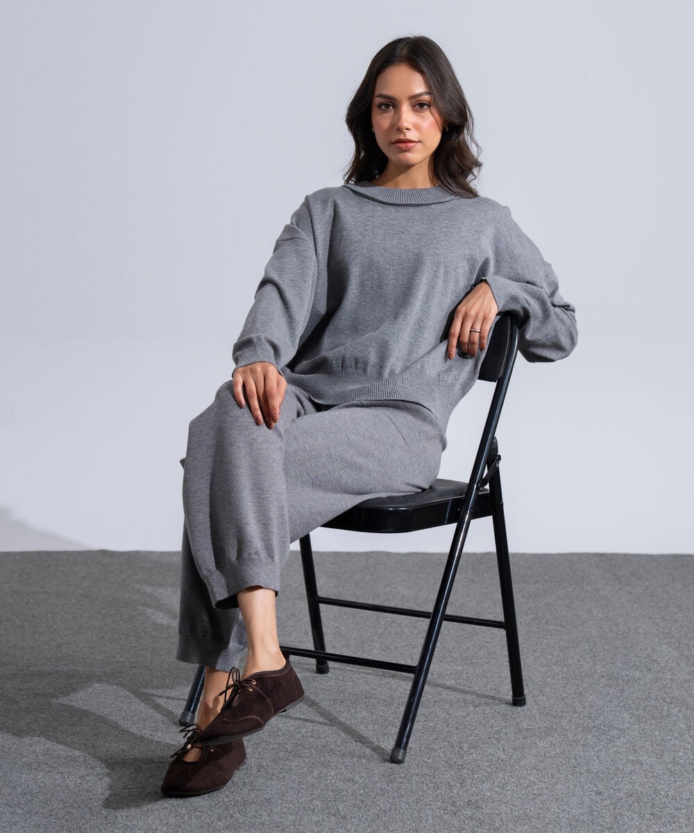 Women's Western Wear Grey Melange Round Neck Knit Jumper