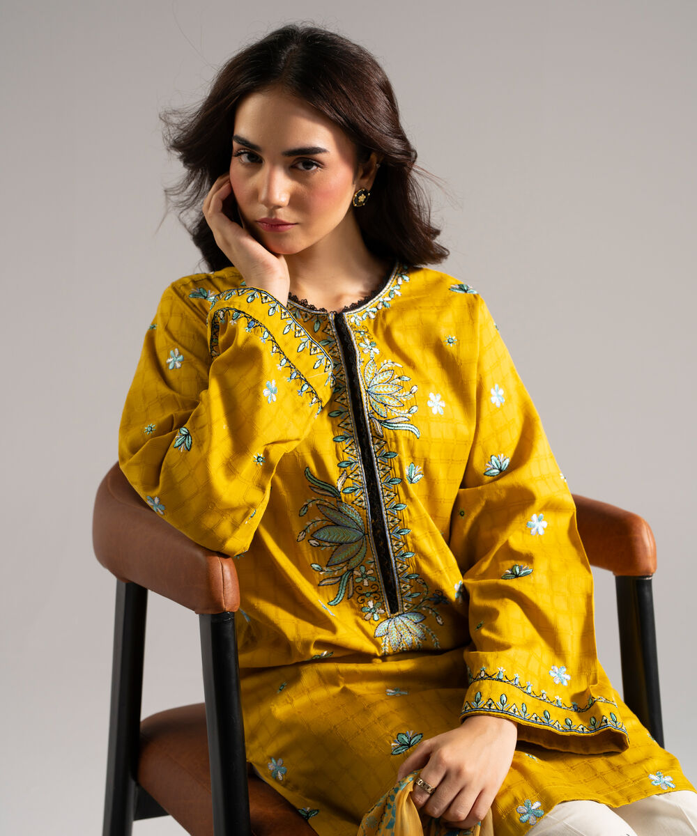 Women's RTW Dobby Embroidered Yellow 3 Piece Suit