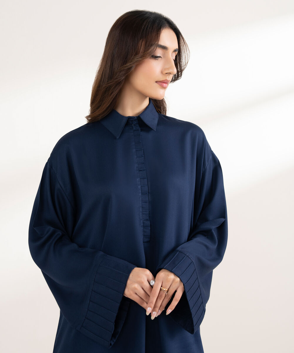 Women's RTW Bedford Solid Drop Shoulder Blue Shirt