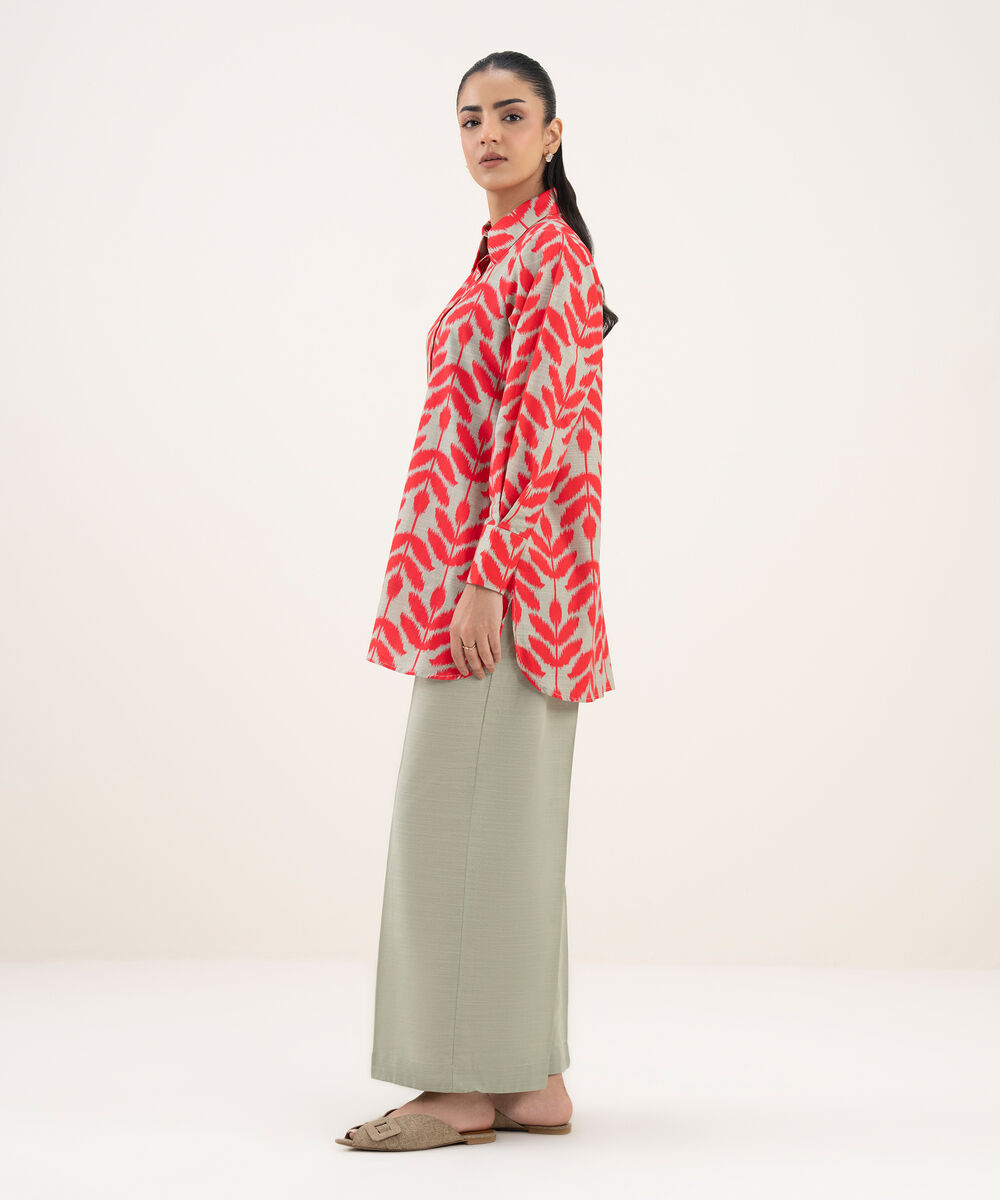 Women's RTW Khaddar Printed Button Down Grey Shirt