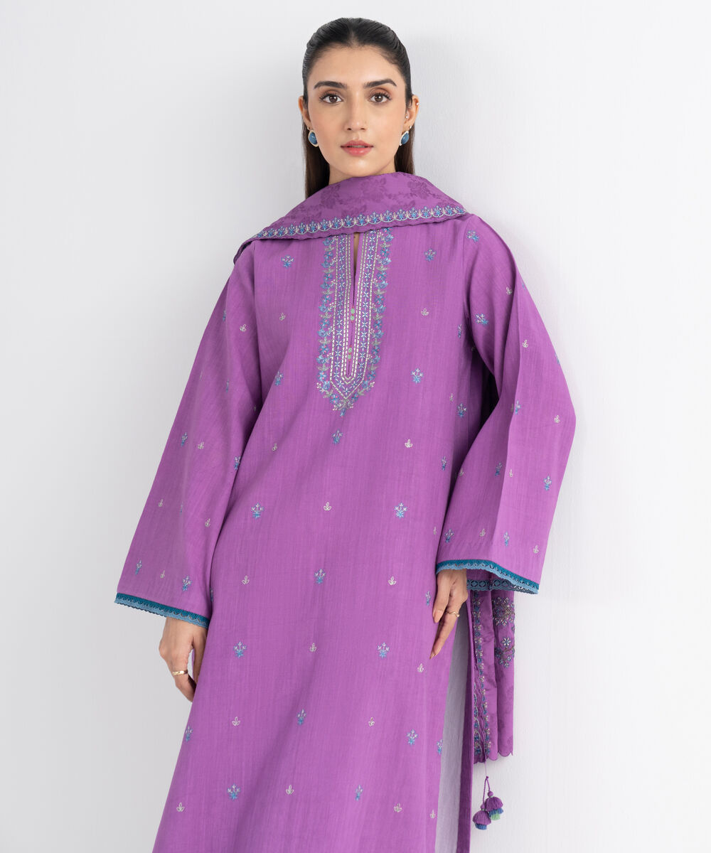 Women's Unstitched Cross Hatch Embroidered Purple 3 Piece Suit