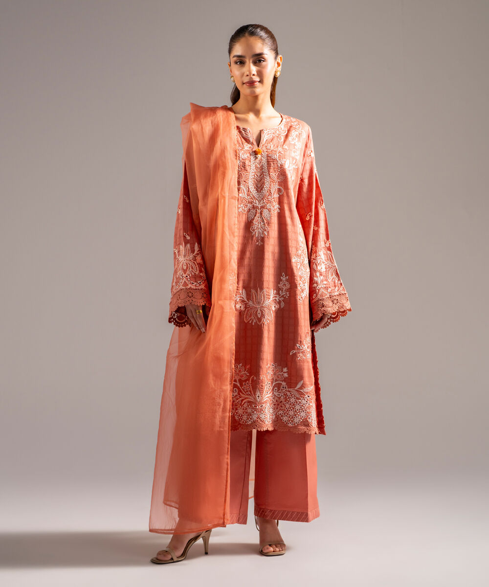 Women's RTW Dobby Embroidered Coral 3 Piece Suit
