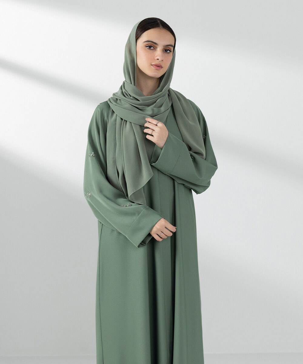 Woman - Green Hand Embellished Abaya Set
