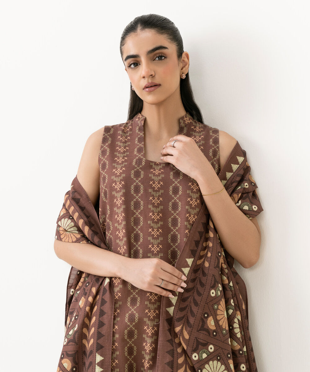 Women's Unstitched Cotton Printed Brown 2 Piece Suit