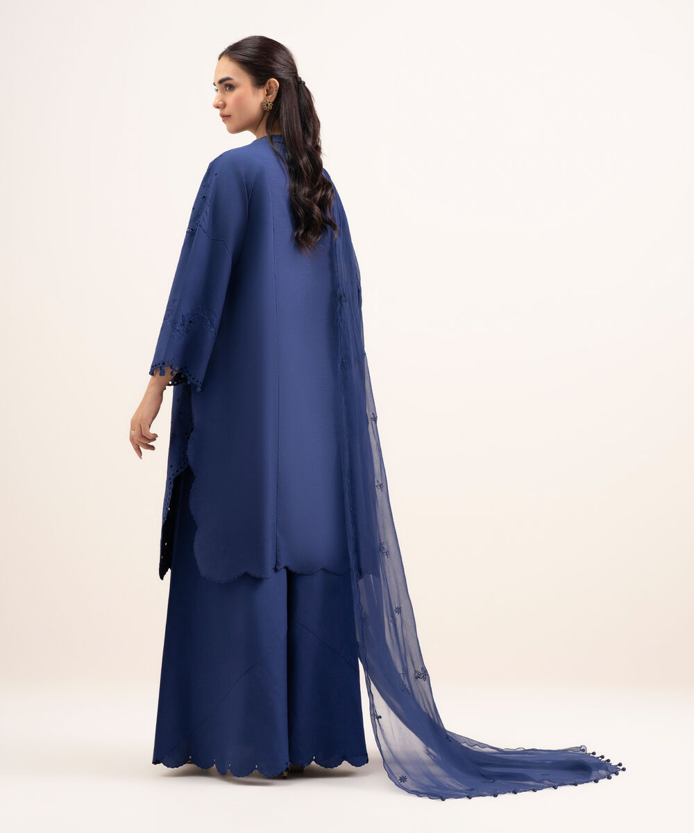 Women's Unstitched Textured Lawn Embroidered Blue 3 Piece Suit