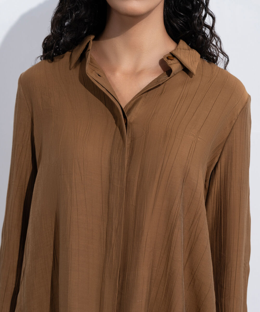 Women's Western Wear Brown Loose-Fit Textured Shirt