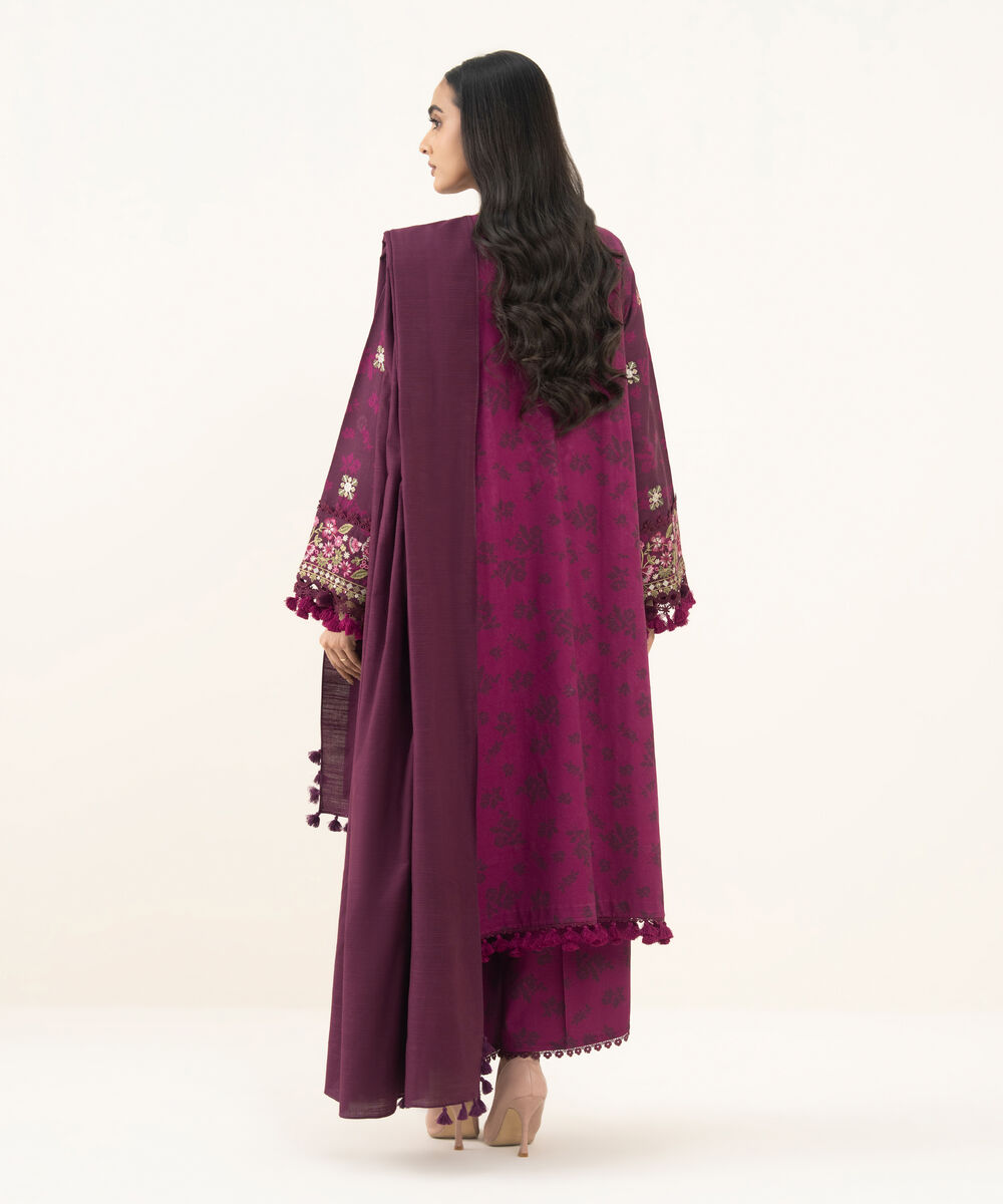 Women's Unstitched Embroidered Twill Plum 3 Piece Suit