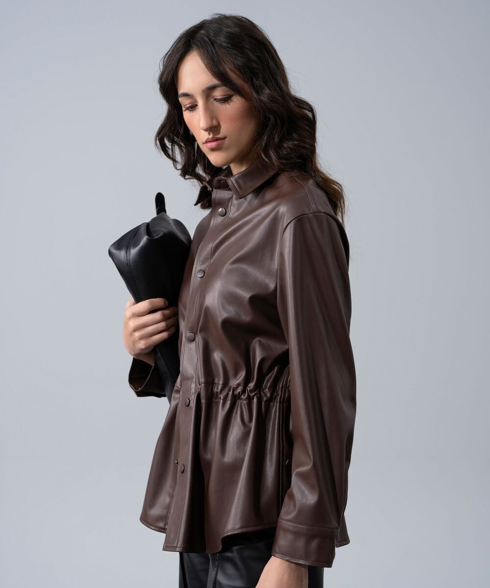 Women's Western Wear Brown Polyester Faux-Leather Drawstring Top