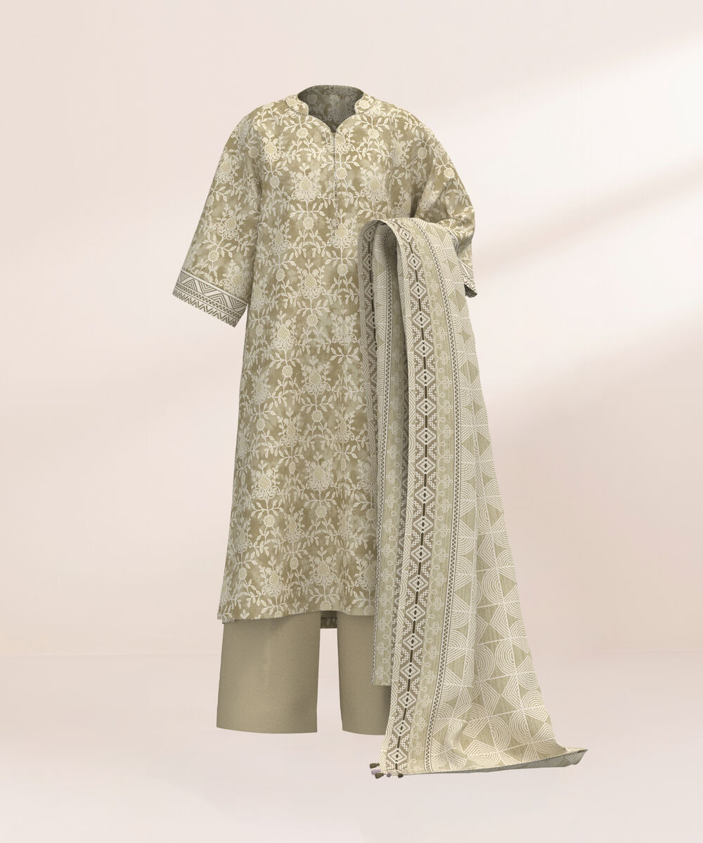 Women's Three Piece Printed Beige Lawn Suit