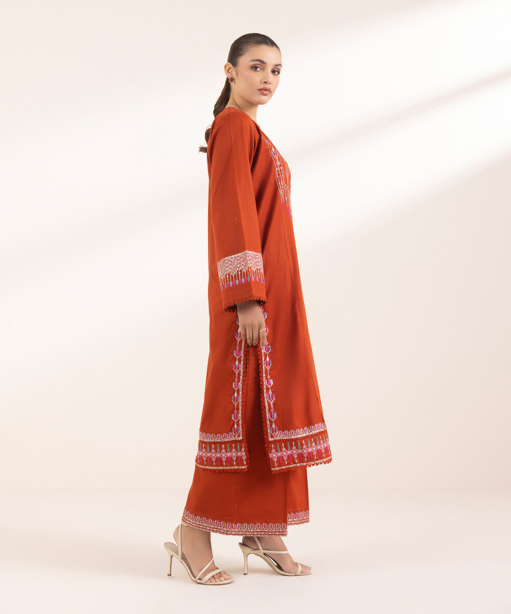 Women's Pret Multineps Orange Embroidered A-Line Shirt