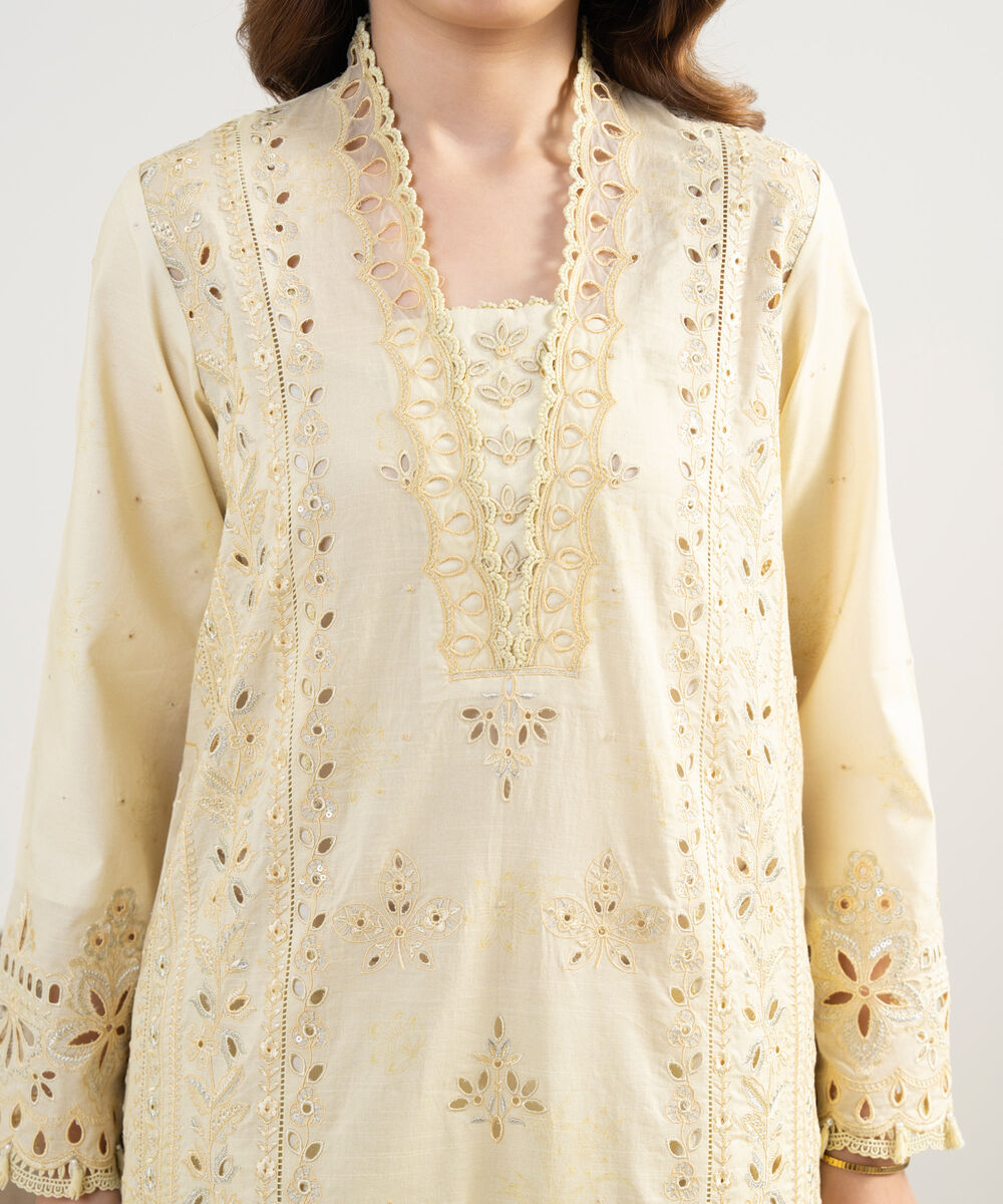 Women's Unstitched Cotton Embroidered Yellow 3 Piece Suit