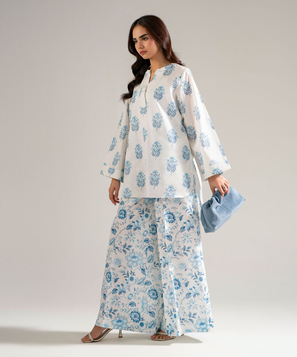 Women's RTW Slub Lawn Printed White Straight Shirt