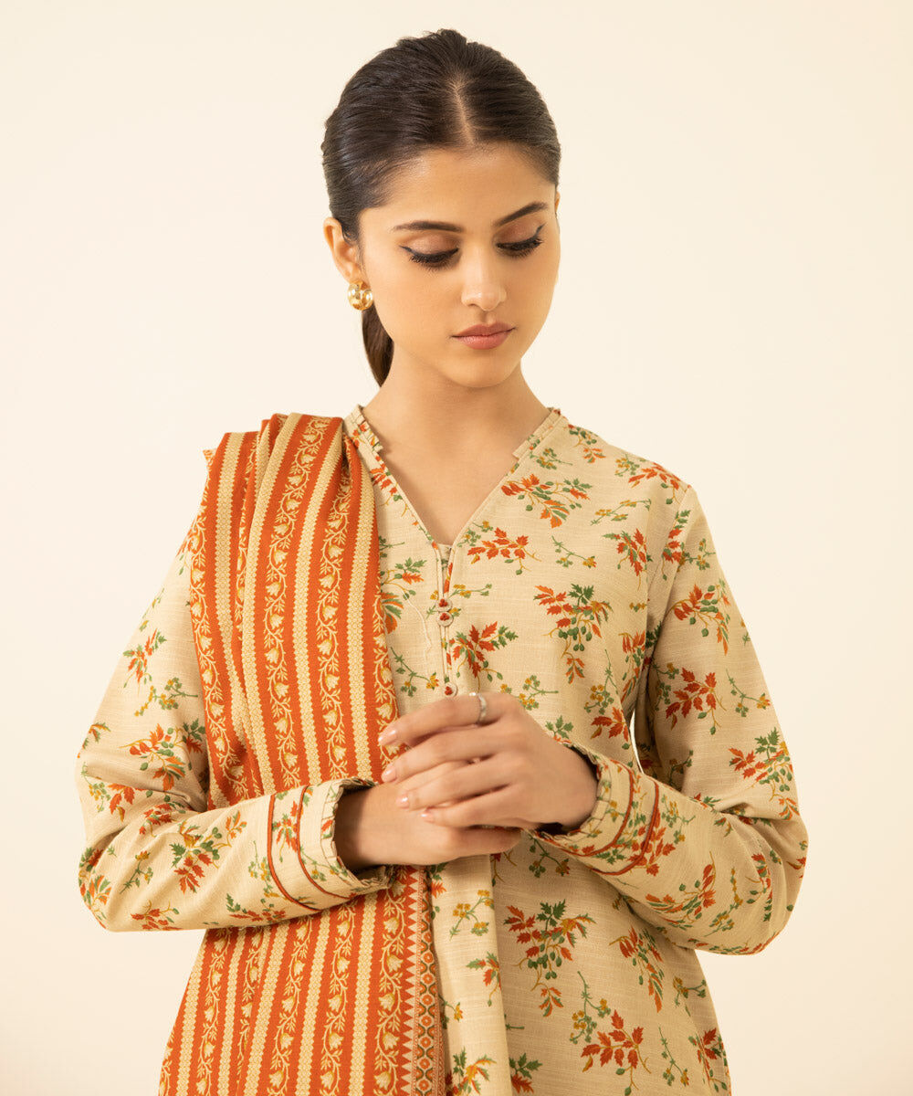 Women's Unstitched Printed Khaddar Beige 3 Piece Suit