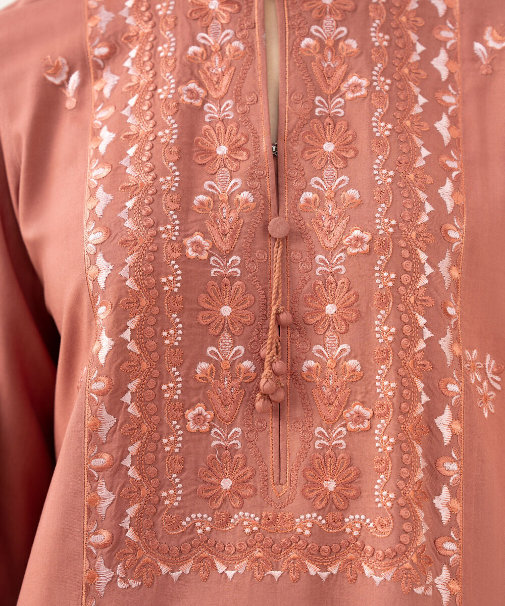 Women's Unstitched Embroidered Linen Dusty Rust 3 Piece Suit