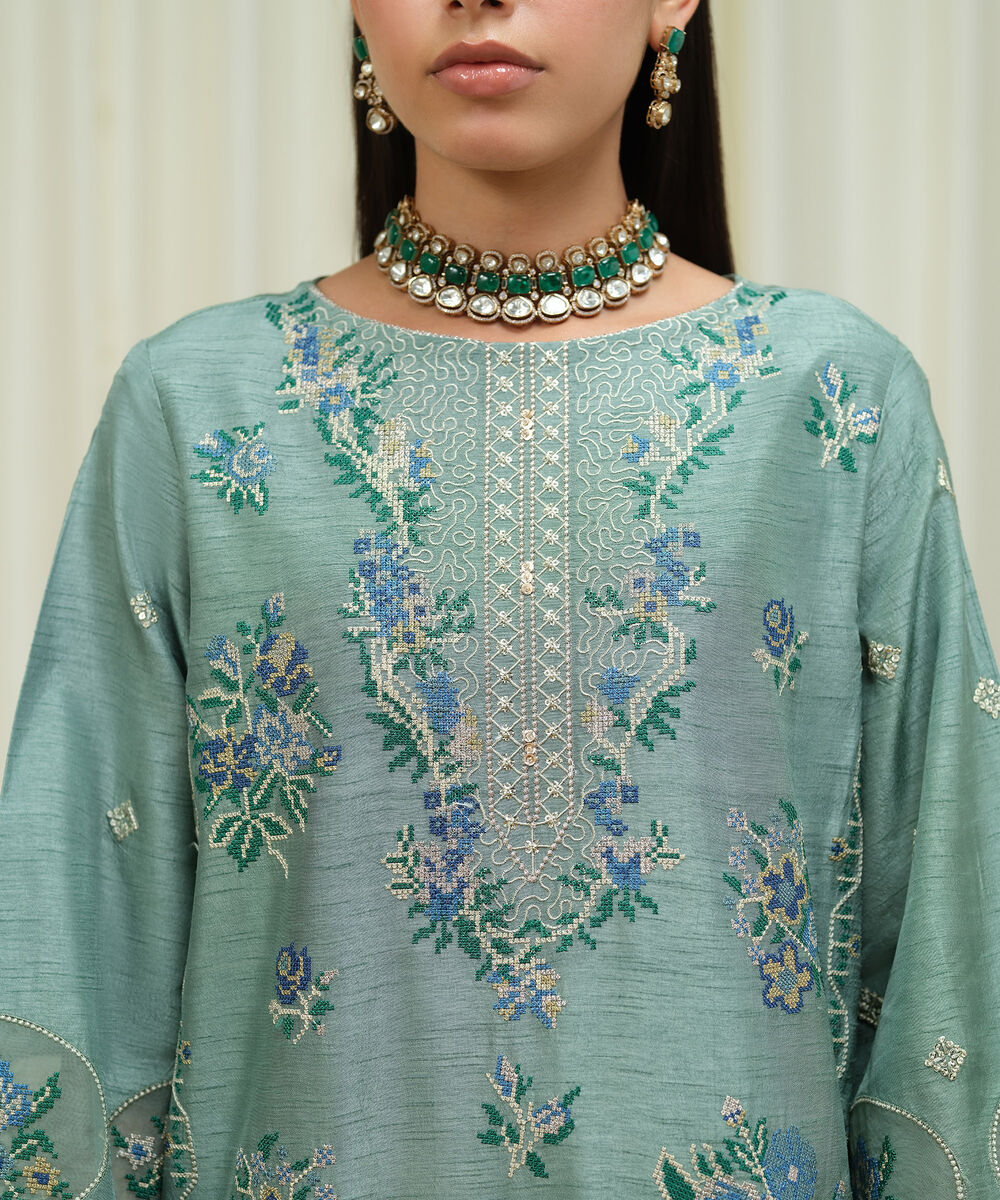 Women's Unstitched Raw Silk Embroidered Blue 3 Piece Suit