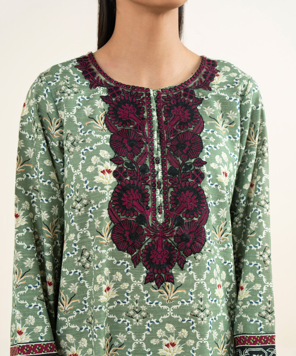 Women's RTW Khaddar Embroidered Green Straight Shirt