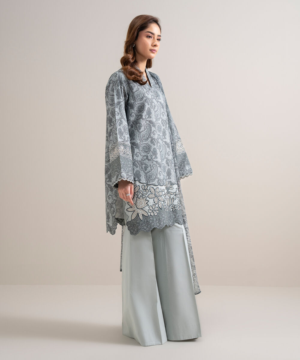 Women's Unstitched Zari Lawn Embroidered Grey 3 Piece Suit
