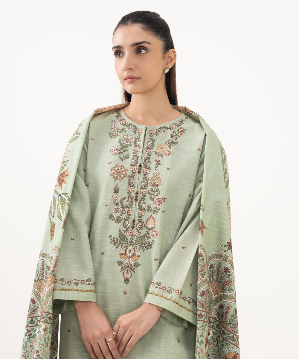 Women's Unstitched Cotton Embroidered Green 3 Piece Suit