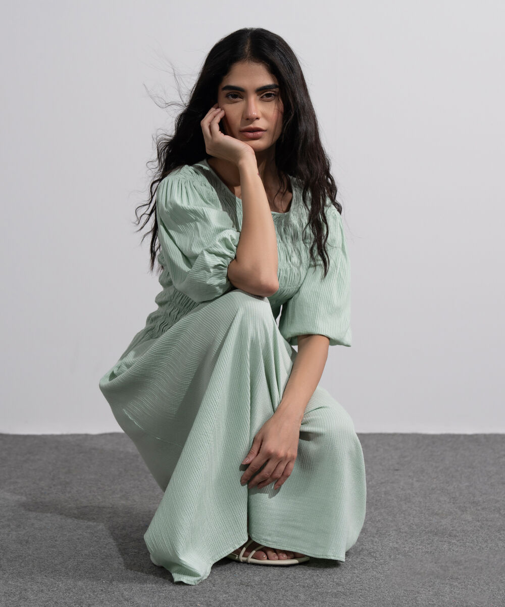 Women's Mint Green  Smocked Seersucker Dress