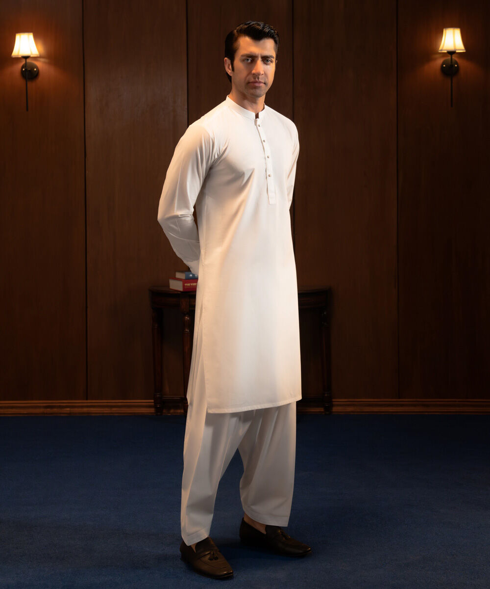 Men's Stitched 2 PC White Cotton Suit