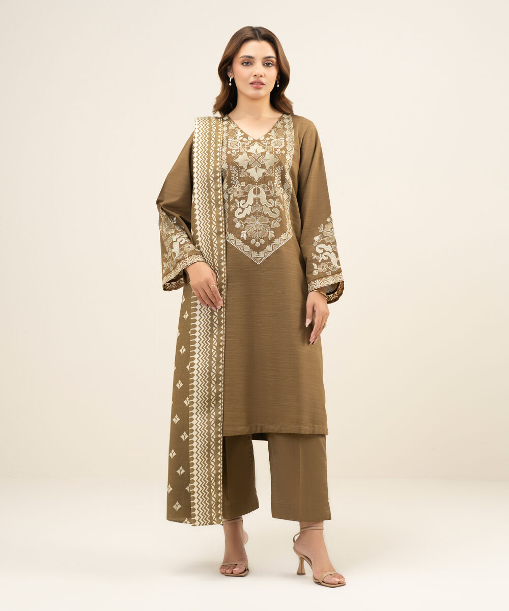Women's Unstitched Khaddar Brown  3 Piece Suit