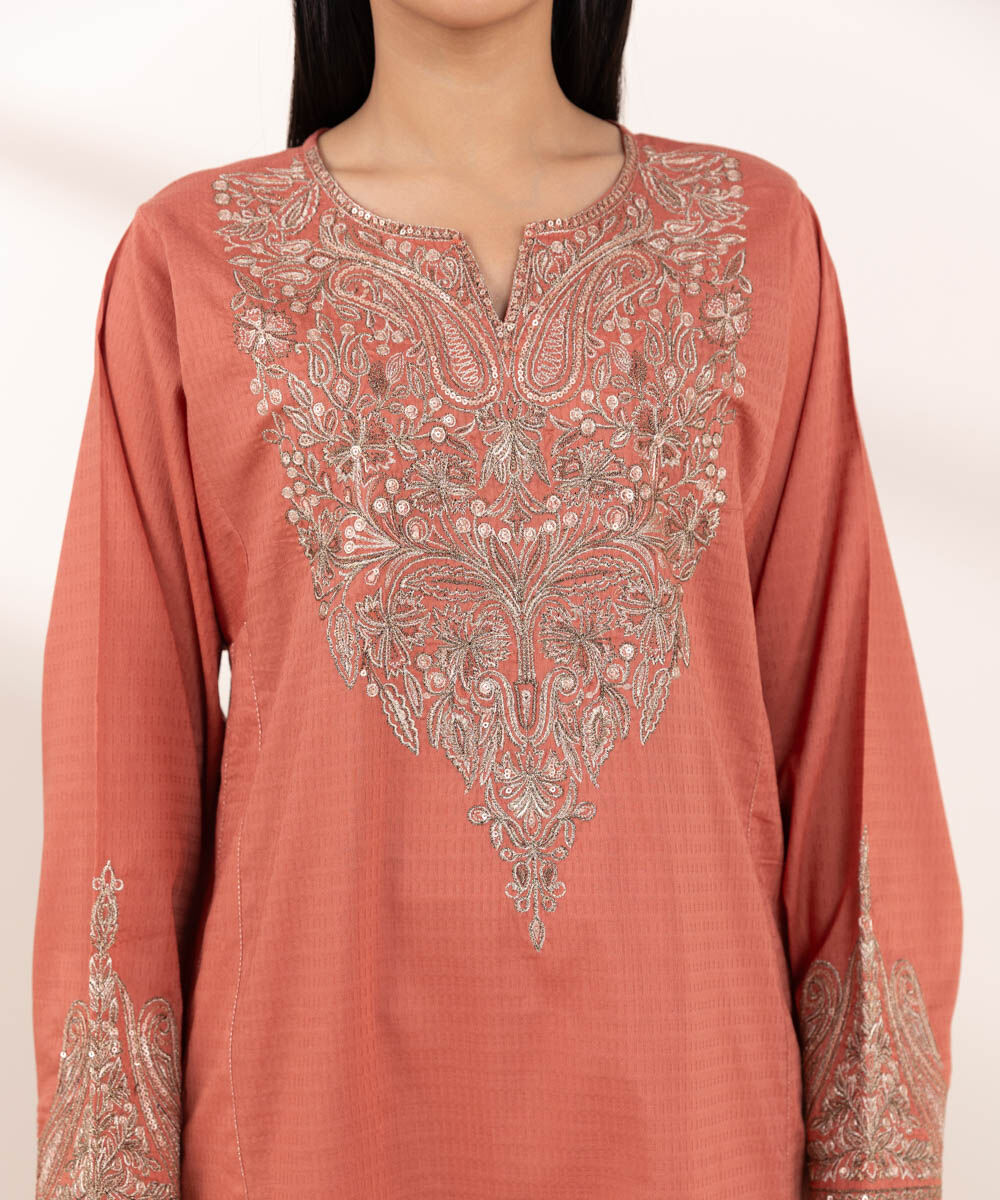 Woman - Orange Embroidered Dobby Shirt