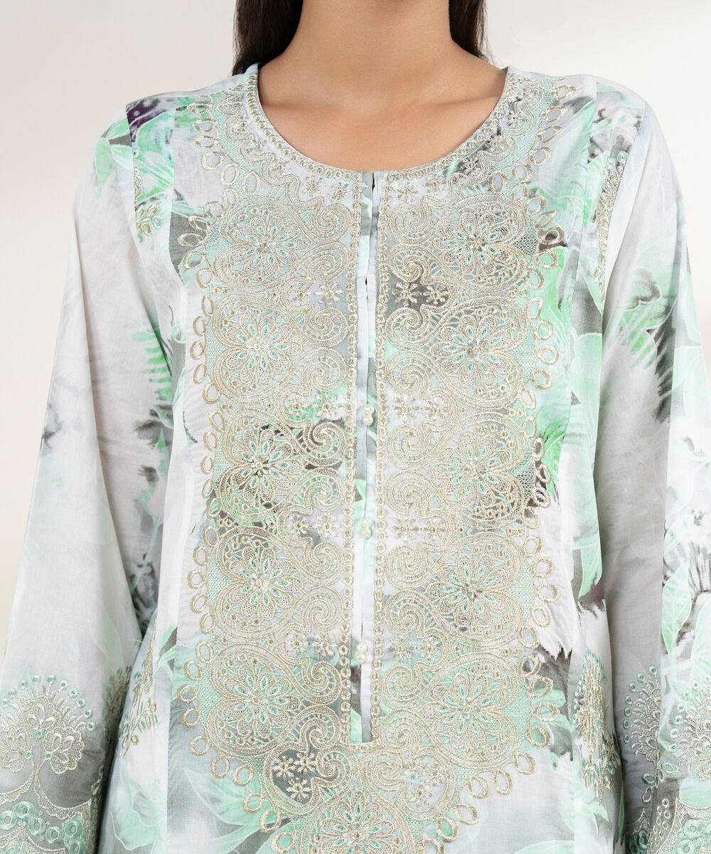 Women's RTW Lawn Green Embroidered A-Line Shirt