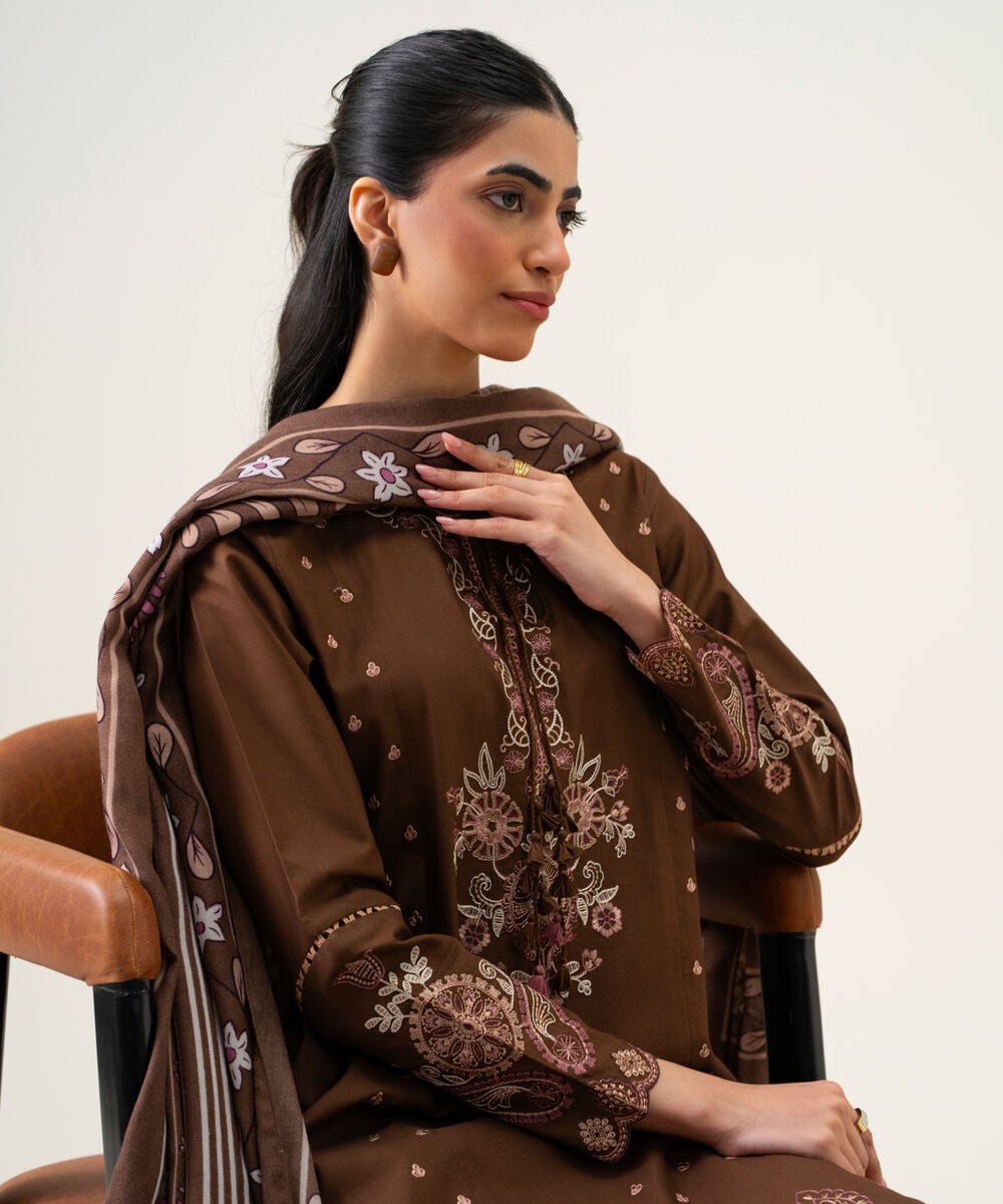 Women's Unstitched Cotton Twill Embroidered Brown 3 Piece Suit