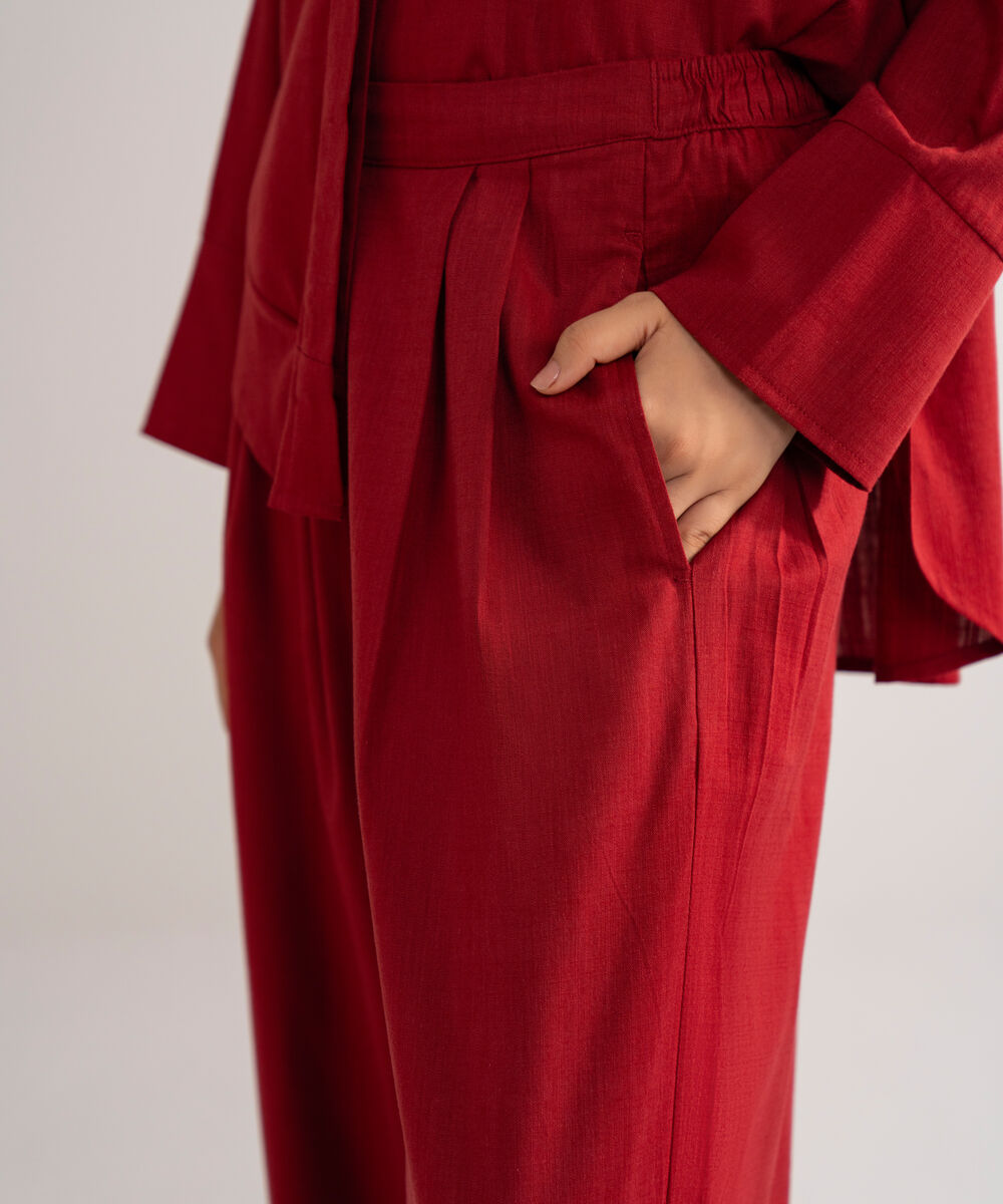 Women's Burnt Red Loose-Fit  Pleated Pants