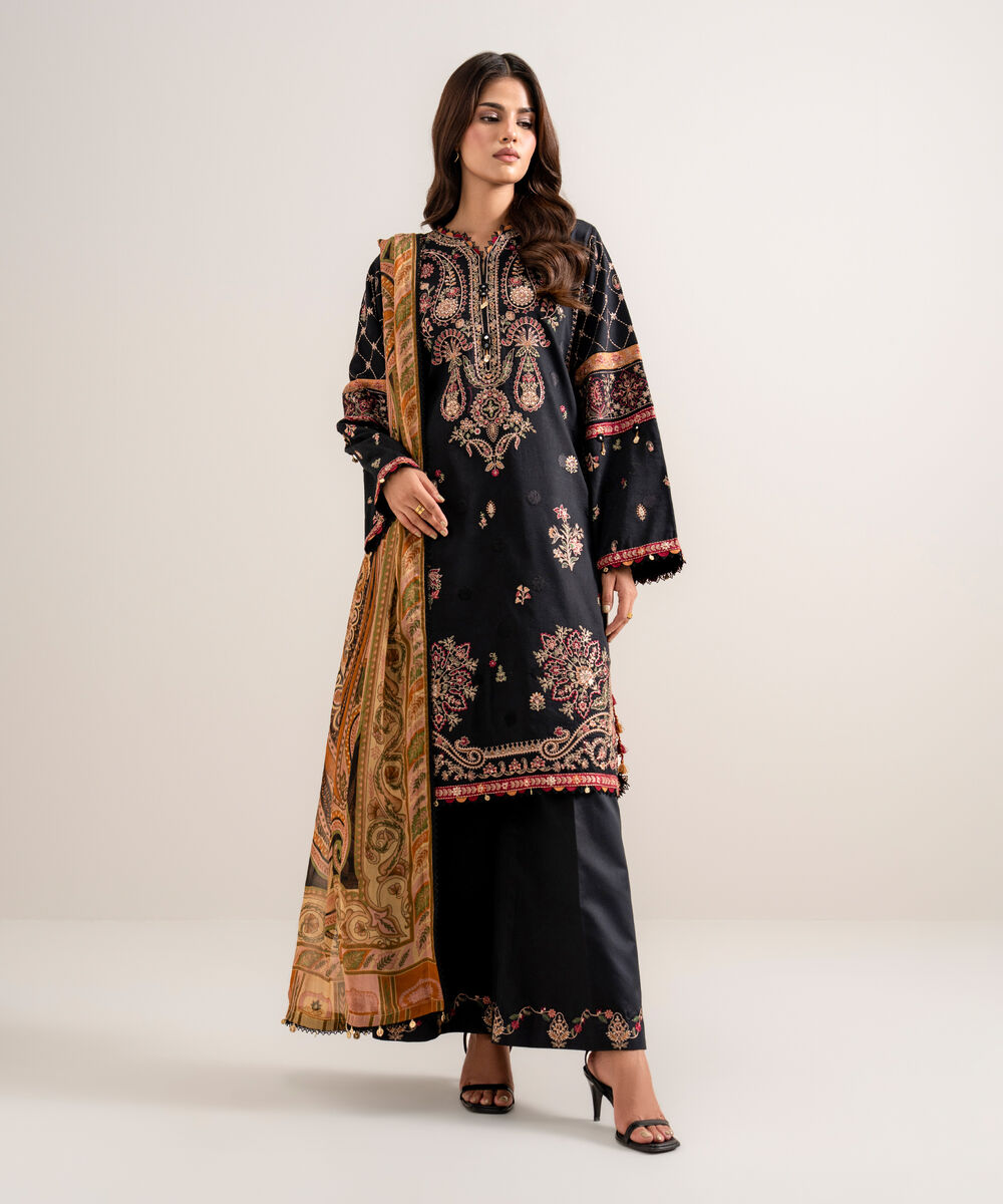 Women's Unstitched Embroidered Fine Cotton Satin Black 3 Piece Suit