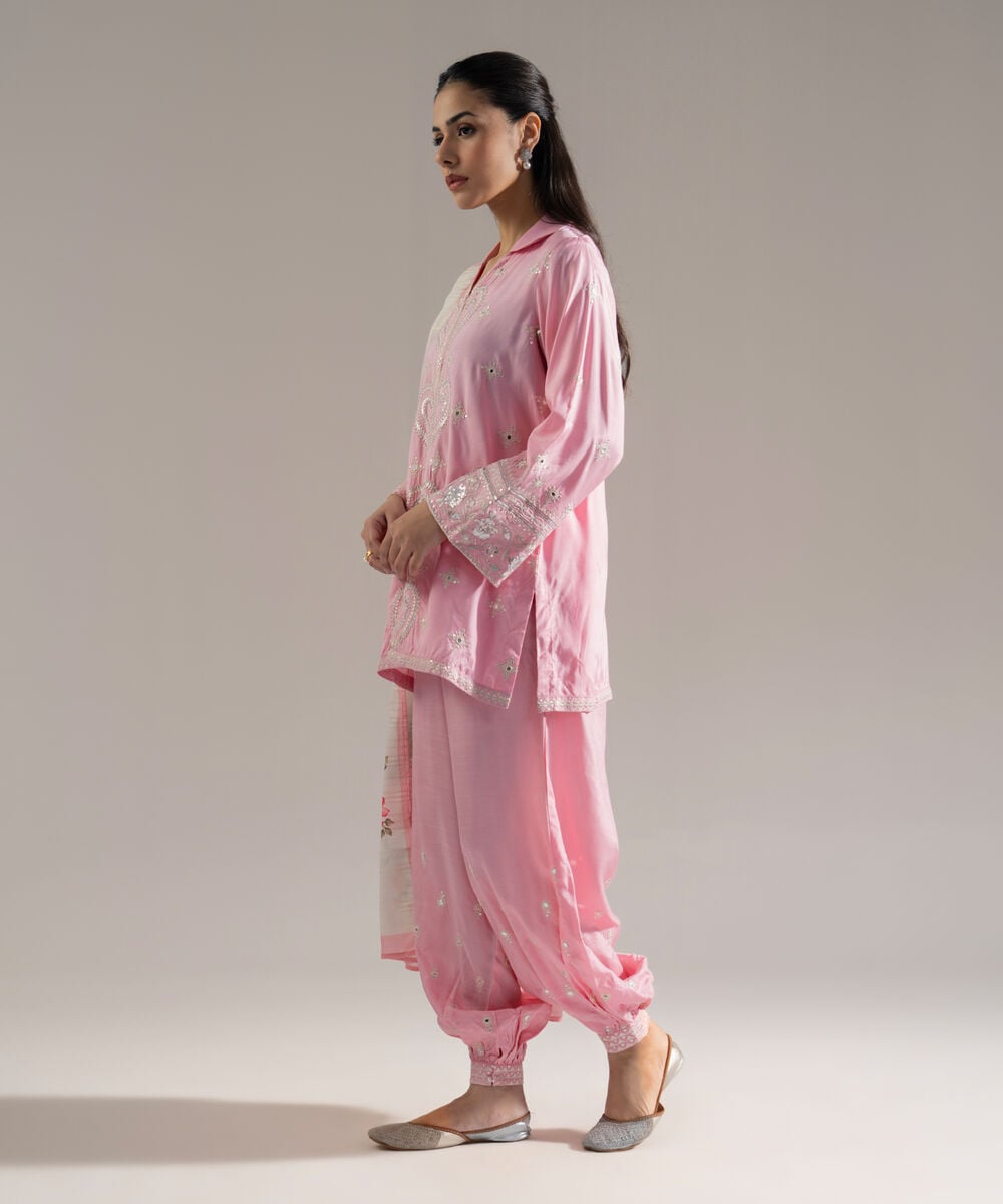 Women's RTW Solid Embroidered Pink Plain Silk 3 Piece Suit