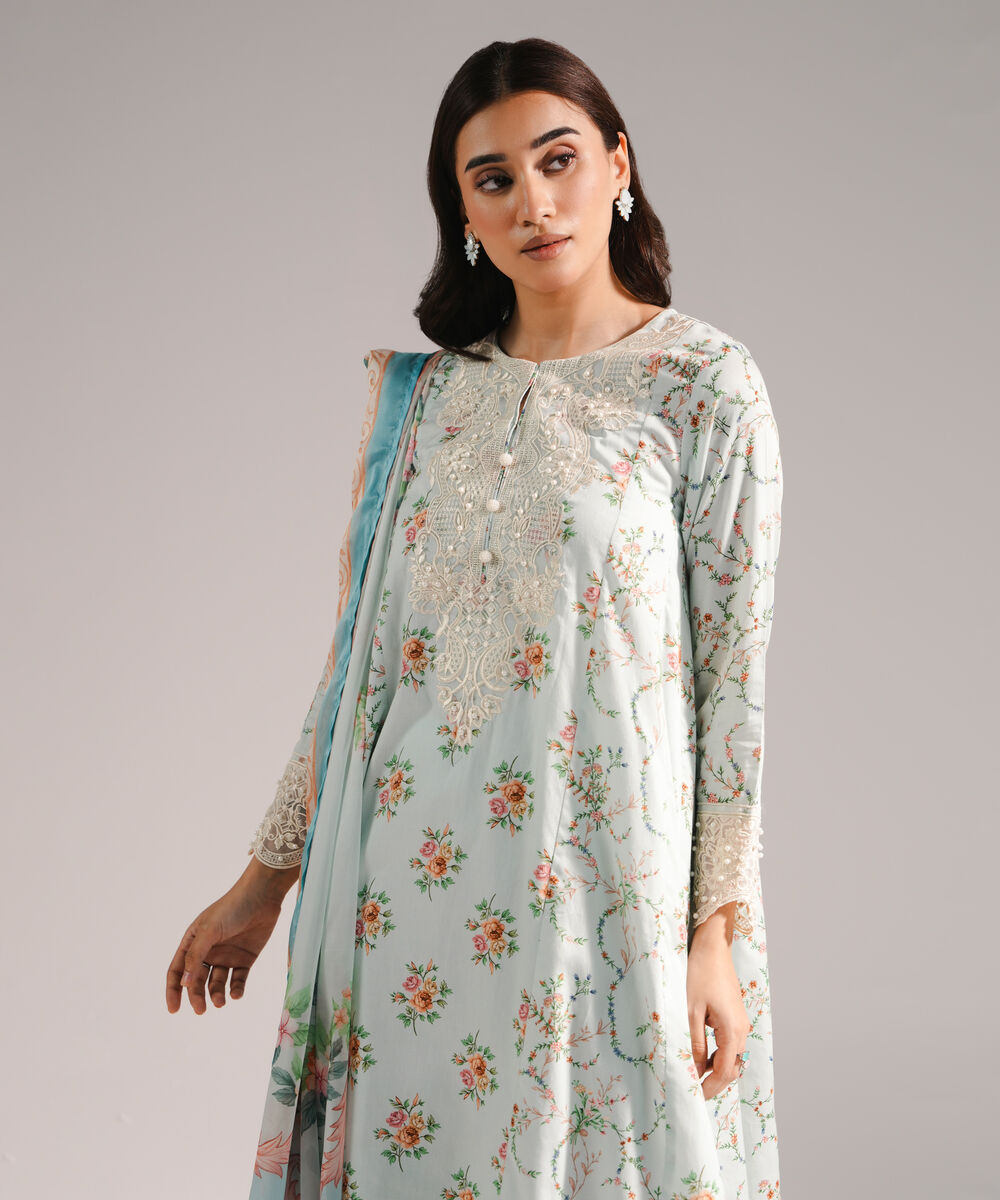 Women's RTW Cotton Satin Embroidered Light Blue 3 Piece Suit