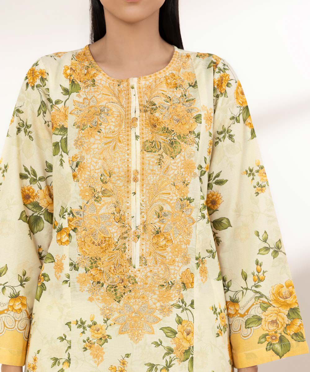 Women's RTW Zari Lawn Yellow Embroidered A-Line Shirt