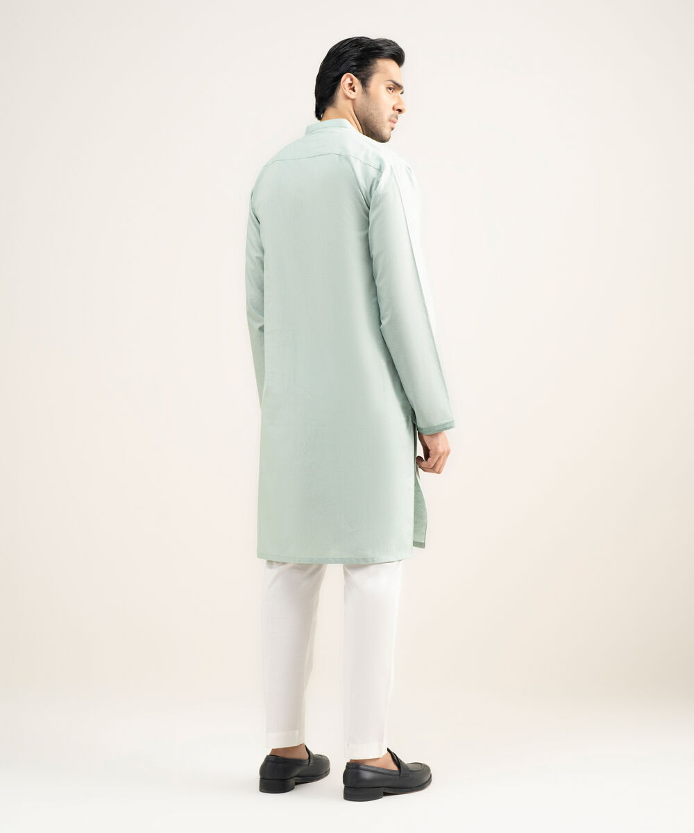 Men's Stitched Cotton Jacquard Aqua Kurta