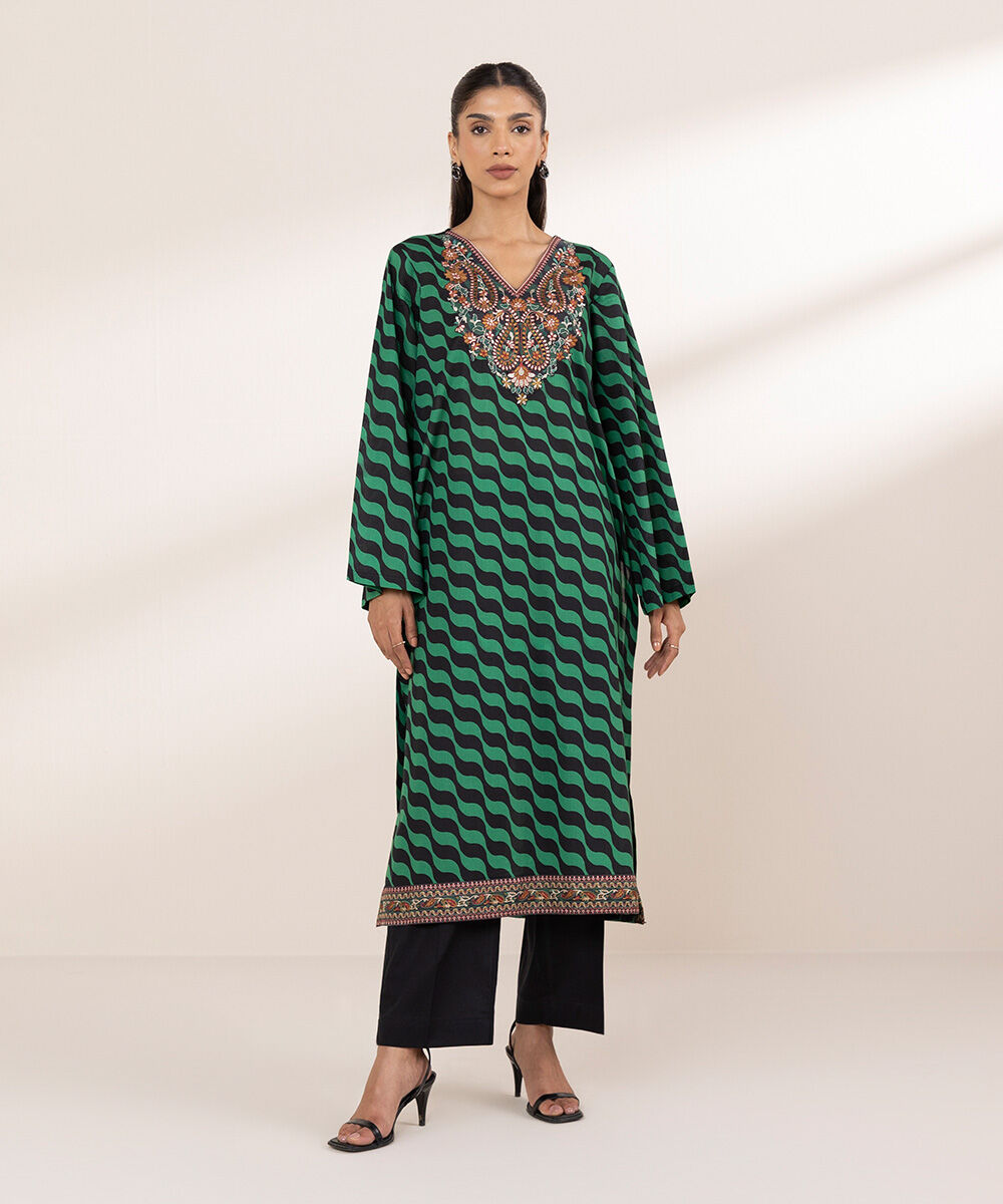 Women's RTW Lawn Green Embroidered A-Line Shirt
