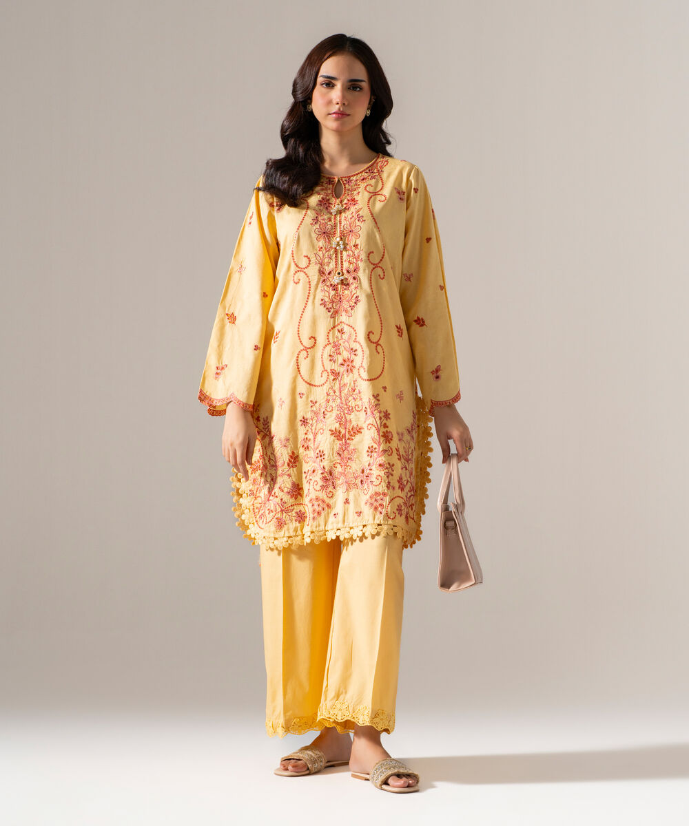 Women's RTW Self Jacquard Solid Embroidered Yellow 2 Piece Suit